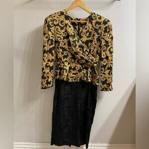 Vintage 80s/90s Black Gold Silk Ornate Faux Wrap Midi Dress Women's Small/Medium